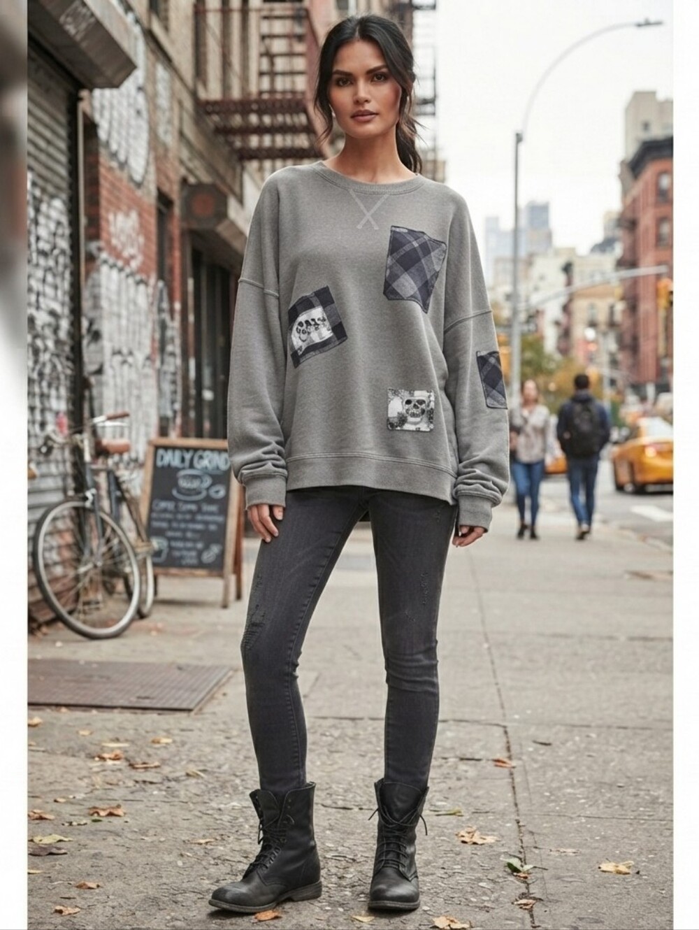 LULULEMON Grey Crewneck Sweatshirt Patch Pocket Skulls Upcycled OOAK Unisex Cozy